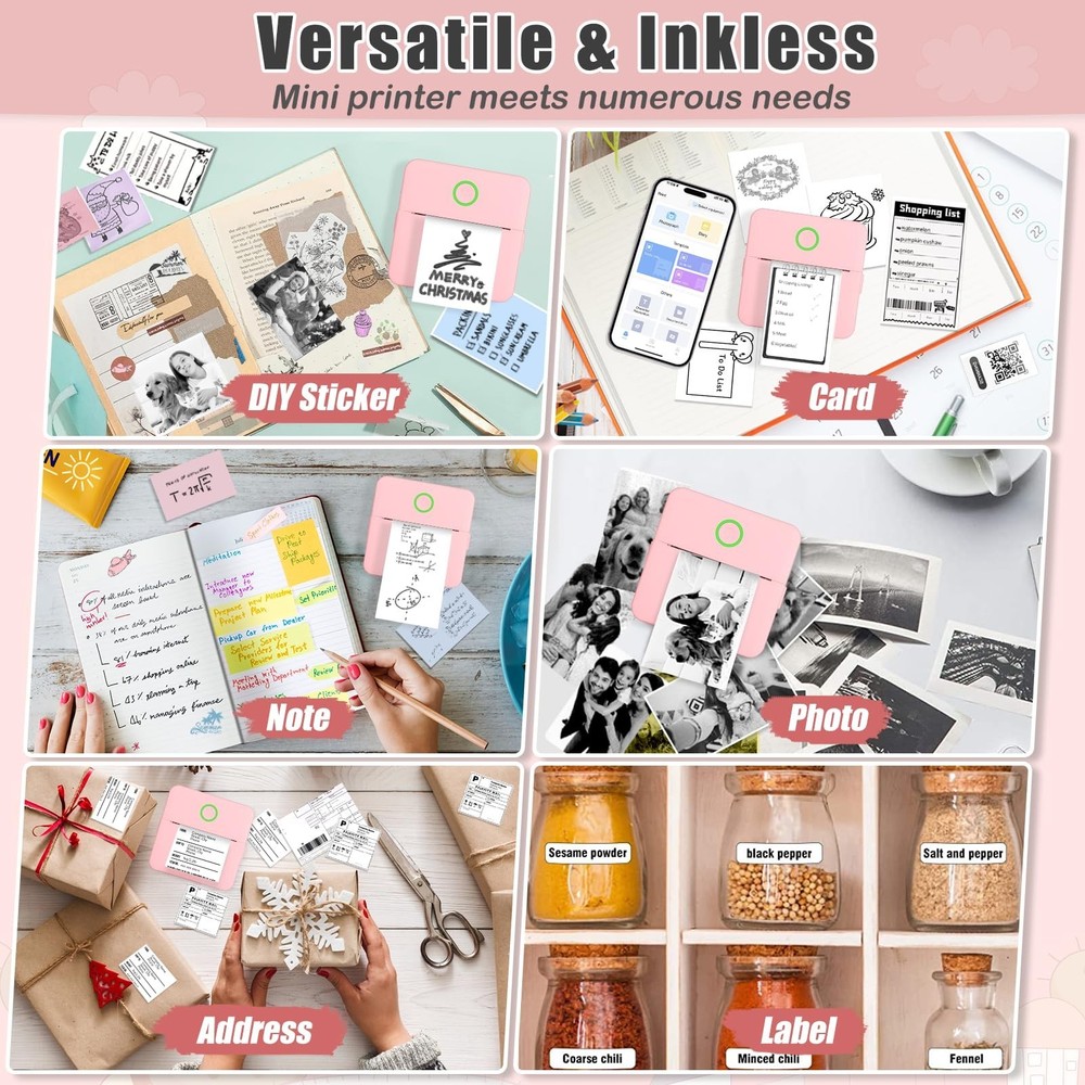 Mini Sticker Printer with 11 Rolls Paper, Bluetooth Inkless Printer Compatibl...