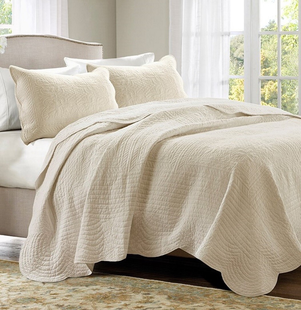 IVORY MATELASSE 3pc Full Queen COVERLET SET : FARMHOUSE COTTAGE QUILT CREAM TILE