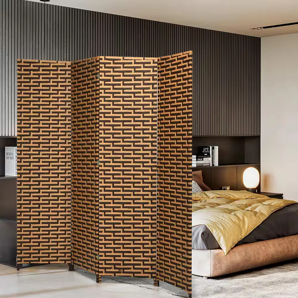 6ft Tall 4-Panel Yellow Folding Room Divider Weave Privacy Screen