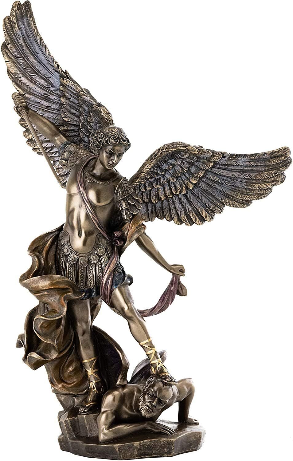 14 1/2" Saint Michael Archangel Standing on Demon Statue Antique Bronze Color