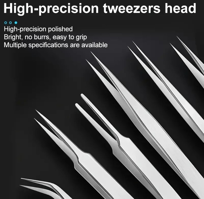 6pcs Stainless Steel Solid Tweezers Set Precision Elbow Tools Silver - NEW