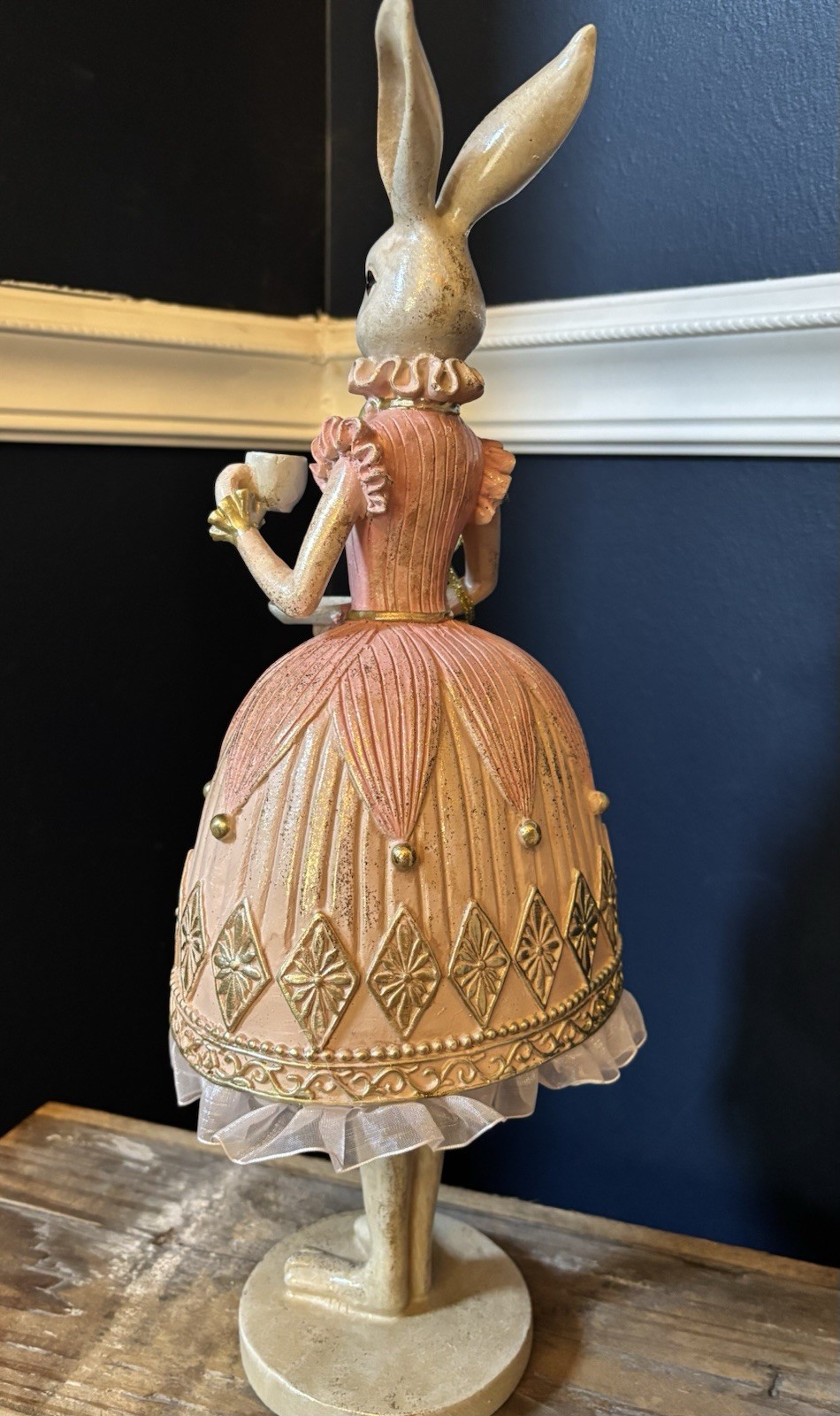 Jolie Fleur Easter Bunny Rabbit Figurine Pink Gold Dress Tea Party Decor NWT