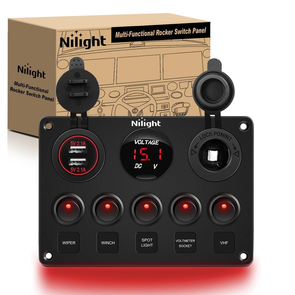 Nilight 5 Gang Multi Function Rocker Switch Backlit Dual USB Charger, Red