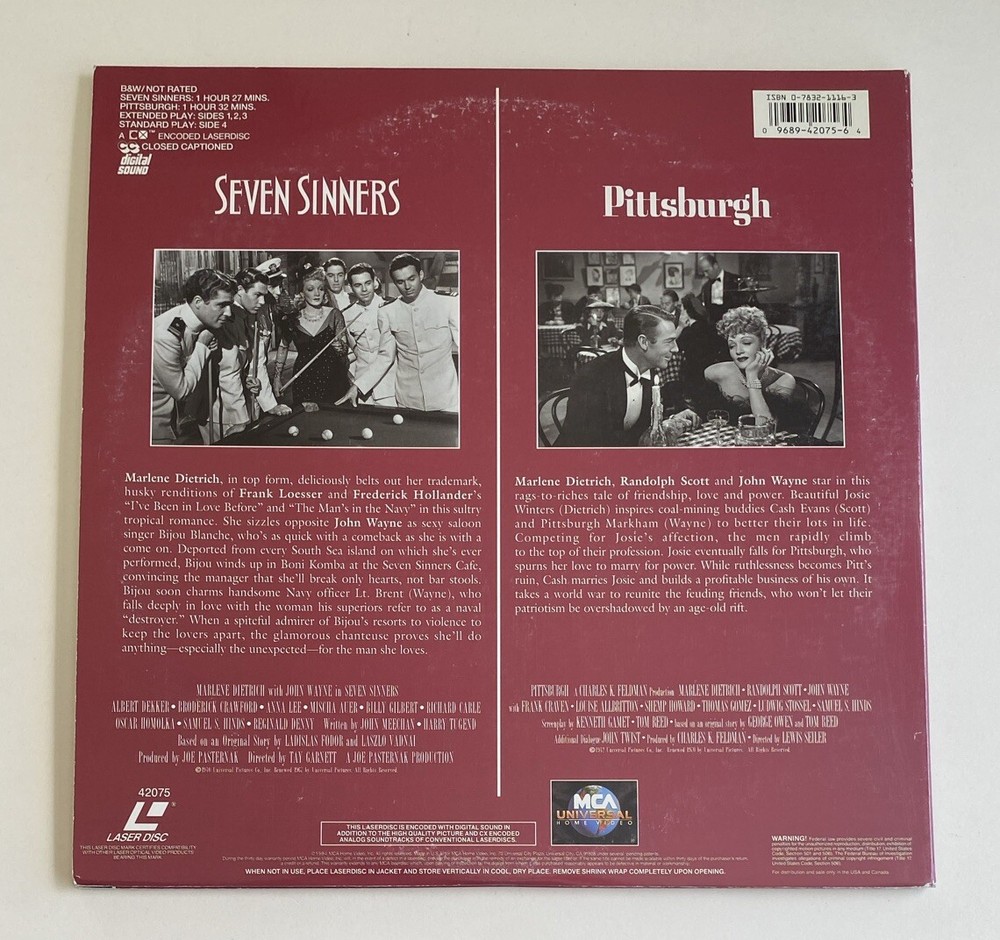 Seven Sinners + Pittsburgh (Laserdisc, 1994, Encore Edition) Double Feature