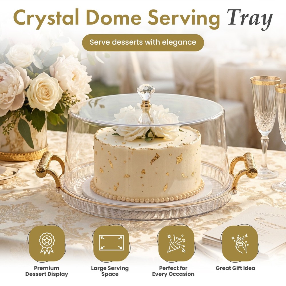 New Basicwise Plastic Cake Stand with Clear Flat-Top Cover and Gold Handles