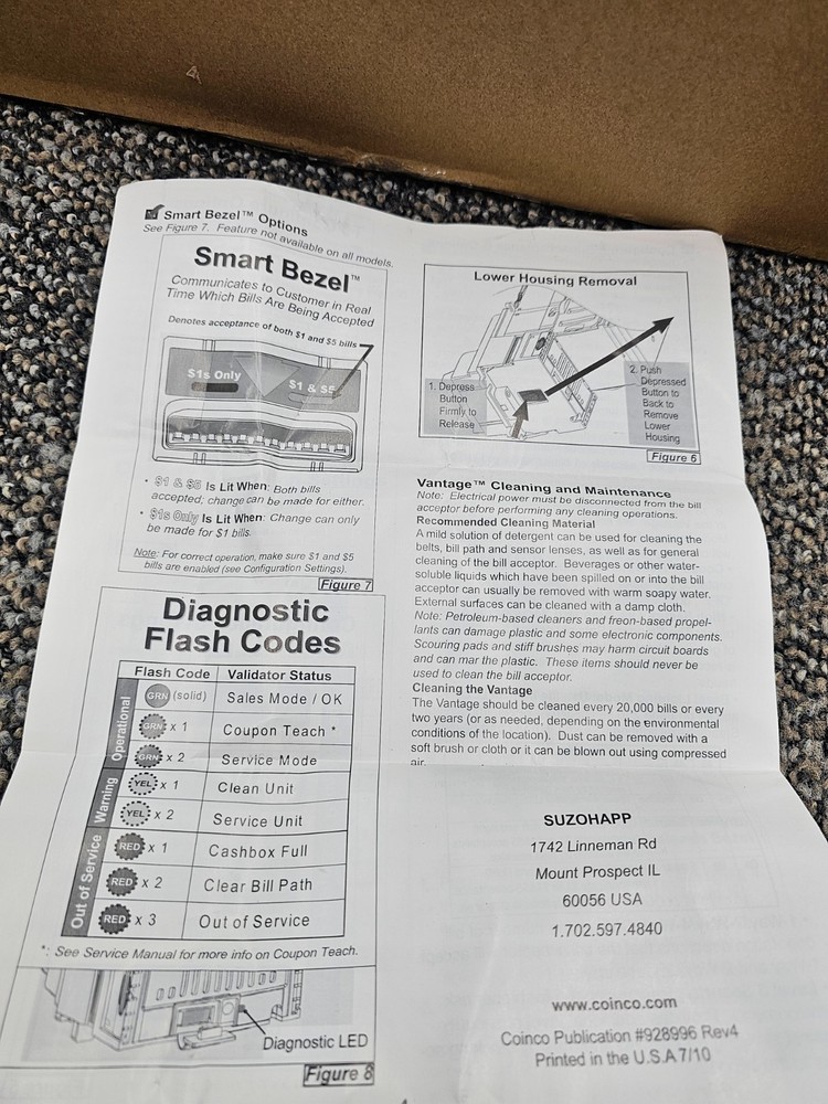 Coinco Vantage VX63S45US00 24 Volt MDB Bill Validator Acceptor
