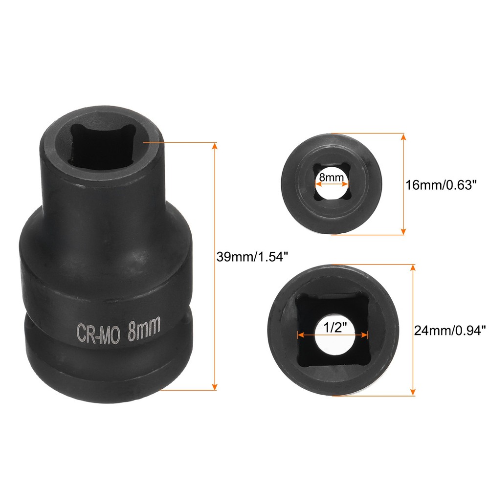 2pcs 4 Point Square Socket 1/2" Drive 8mm Metric CR-MO Impact Wheel Socket