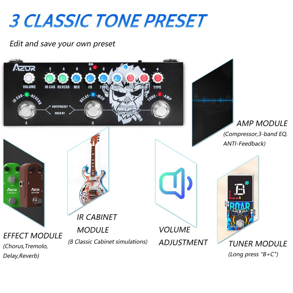 Multi-Effect Pedal Built-in Battery AZOR Multi Effects CUBE BABY Guitar Effector
