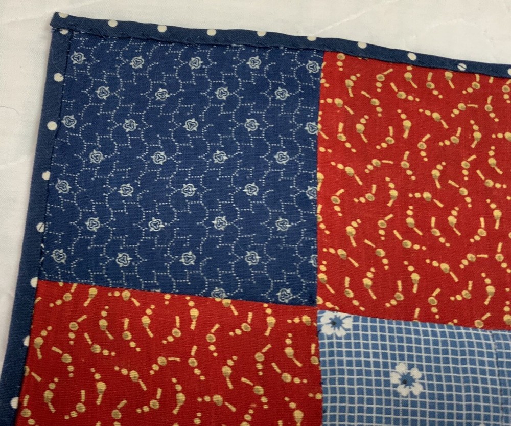 Vintage Antique Patchwork Quilt Table Topper, Four Patch, Early Calicos, Red