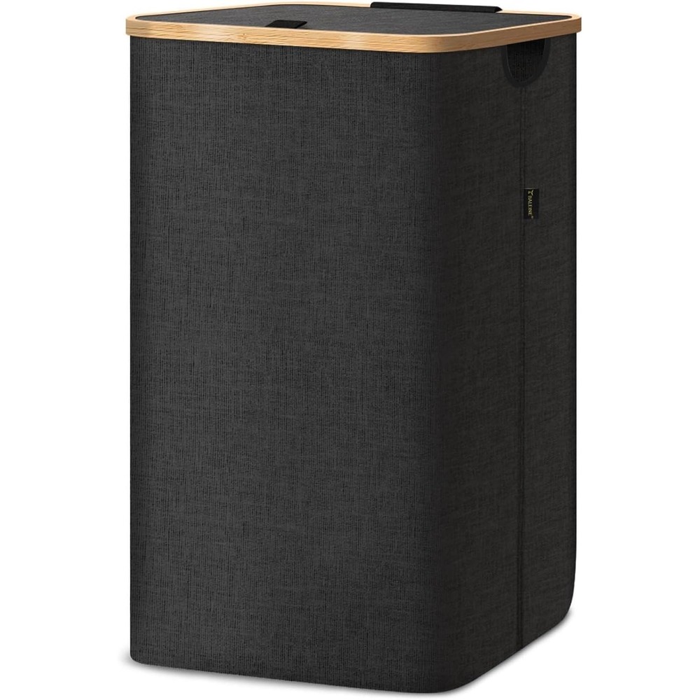 Laundry Hamper with Lid, Bamboo Pull Handles Internal Support 26Gal Carbon Black