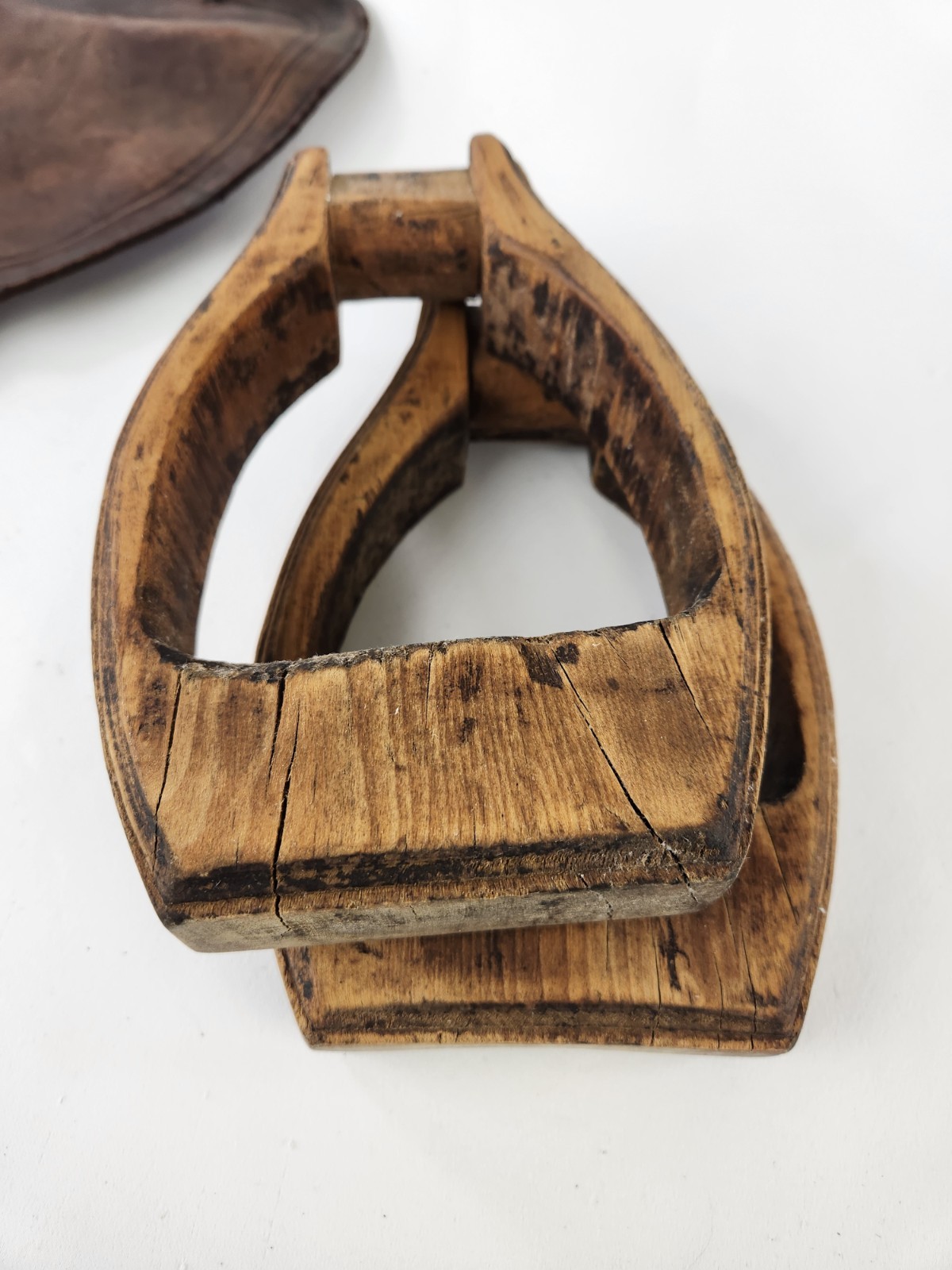 Antique Wooden Stirrups & Leather Tapaderos Boot Cover Hand Carved Horse Saddle