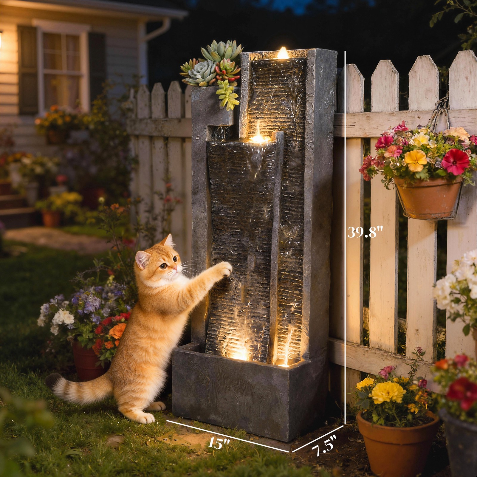 Outsunny Waterfall Fountain with LED Lights, Cascading Waterfall Feature