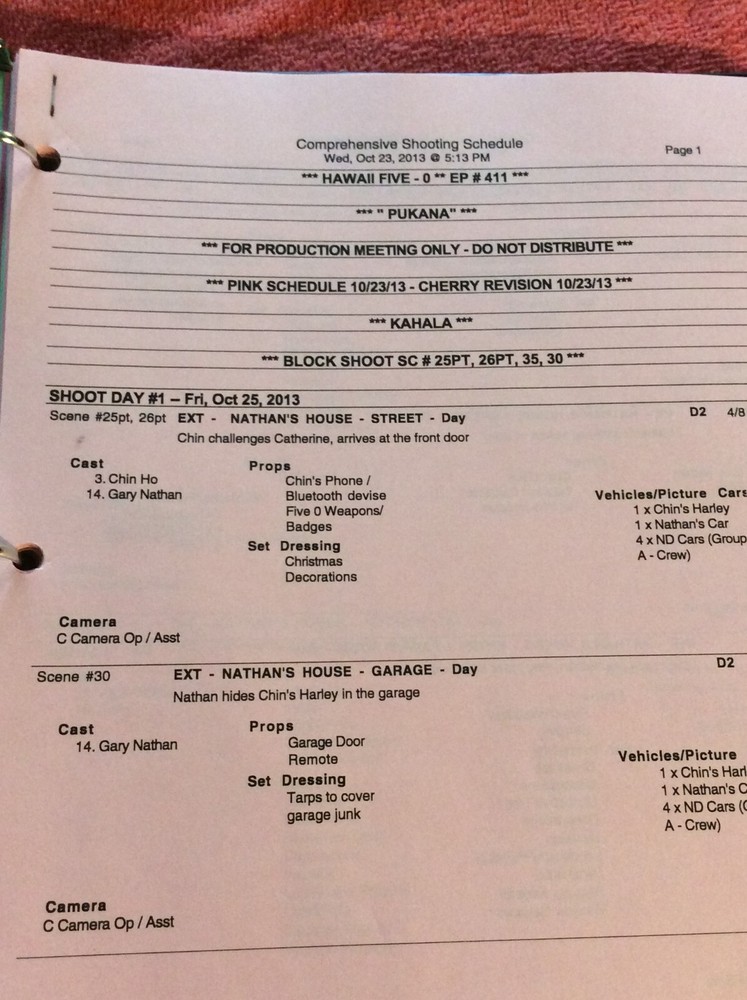 HAWAII FIVE-O ORIGINAL SCRIPT 411 SCHEDULE 2013 PUKANA DANIEL DAE KIM