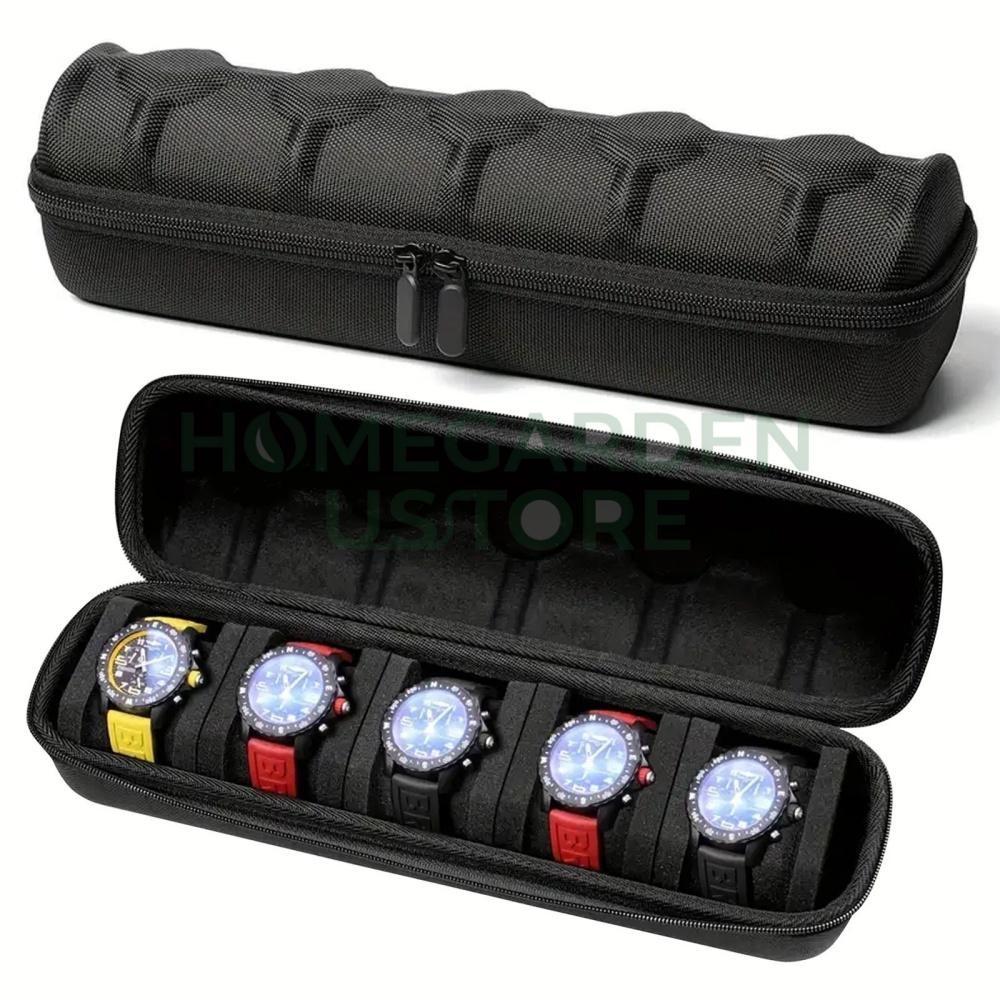 5-Compartment Portable Watch  box - With Handle, Flip-Top Lid, and Soft Lining