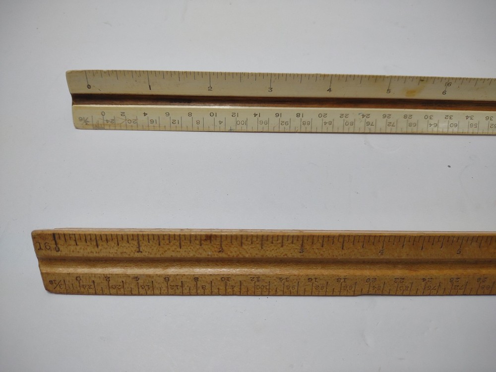 2 Vintage Triangle wood 12" rulers for drafting, architecture, engineering