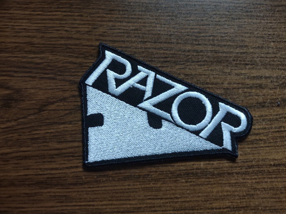 RAZOR,IRON ON WHITE EMBROIDERED PATCH