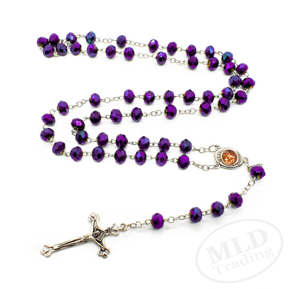 Deep Purple Crystal Beads Rosary Necklace Catholic Holy Center & Cross Crucifix
