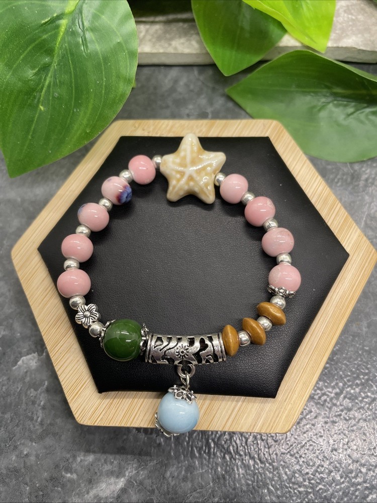 Handmade Ceramic Bead Beaded Stackable 6.5” Plus Stretch Bracelet New B313
