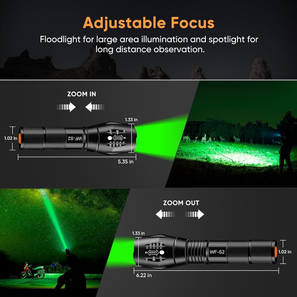 Green Light LED Flashlight Zoomable Waterproof Tactical Hunting Flashlight Set