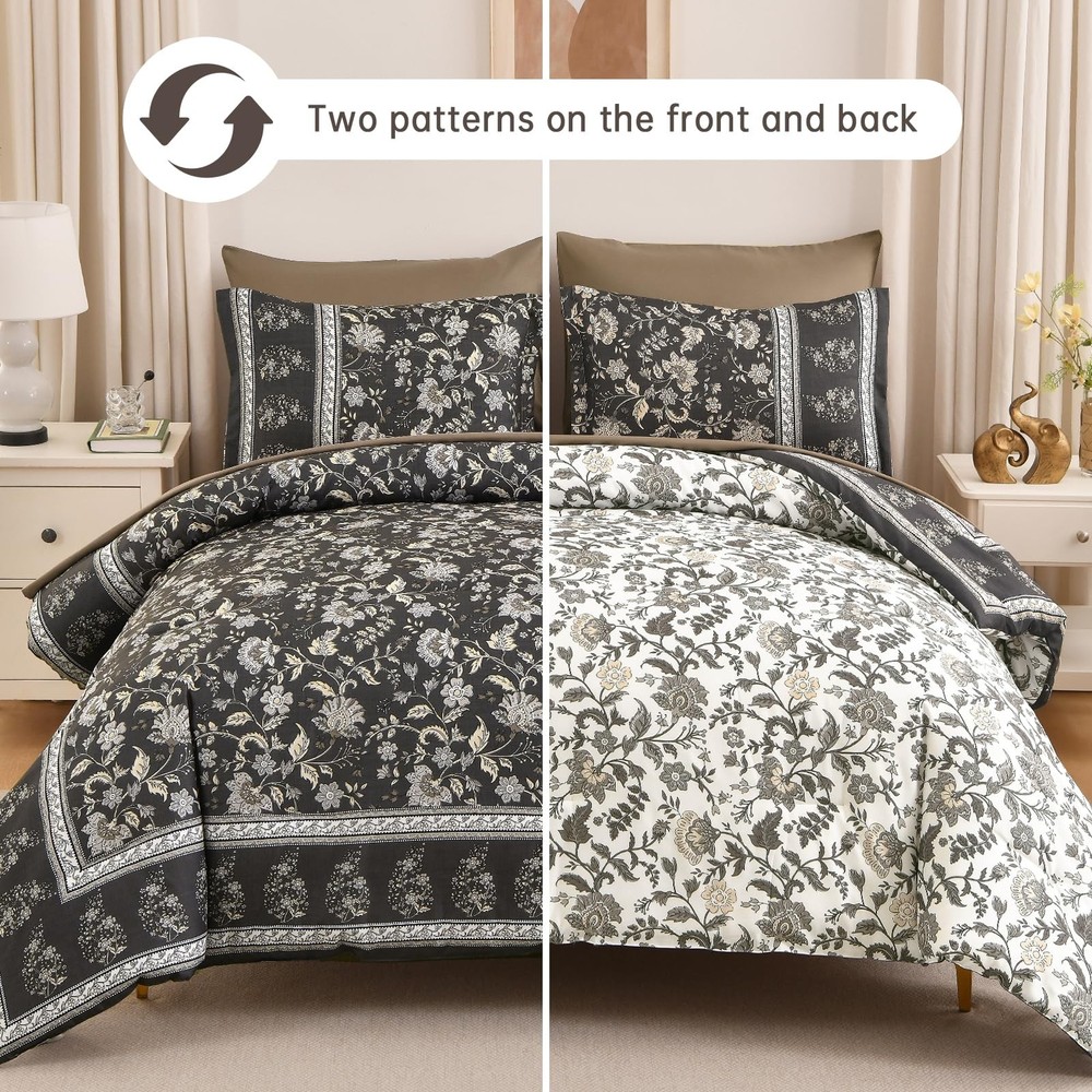 Dinjoy Comforter Set King Size Boho, Reversible Brown Gray King,