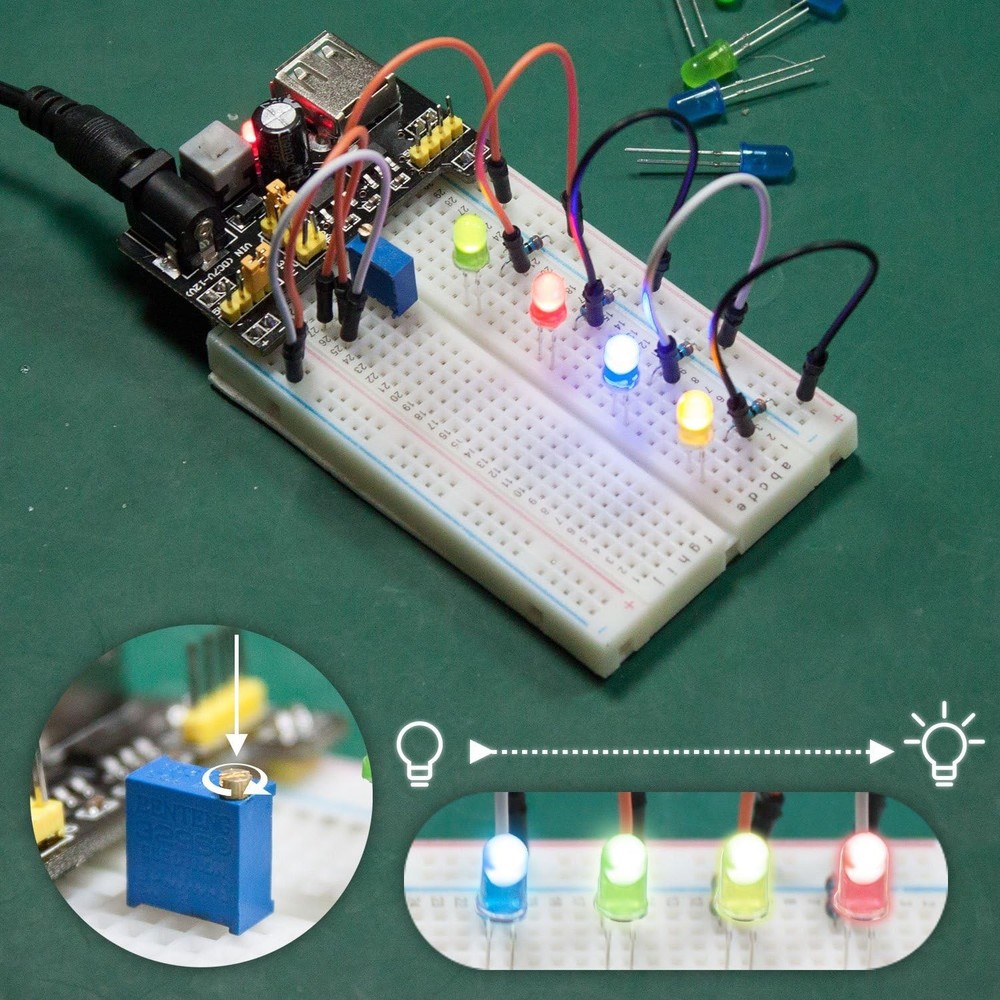 Beginner-Friendly Electronics Kit: Breadboard, Power Supply, Jumper Wires, LED