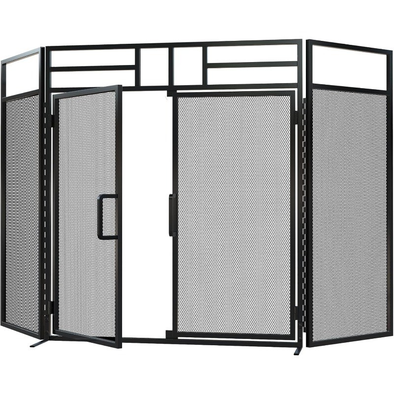 Panel Folding Fireplace Screen with Magnetic Hinged Doors, Solid Wrought Iron