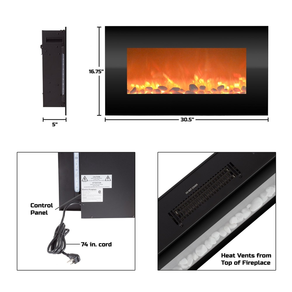 Electric Fireplace Wall Mounted Adjustable Heat Remote Backlight Colors Timer