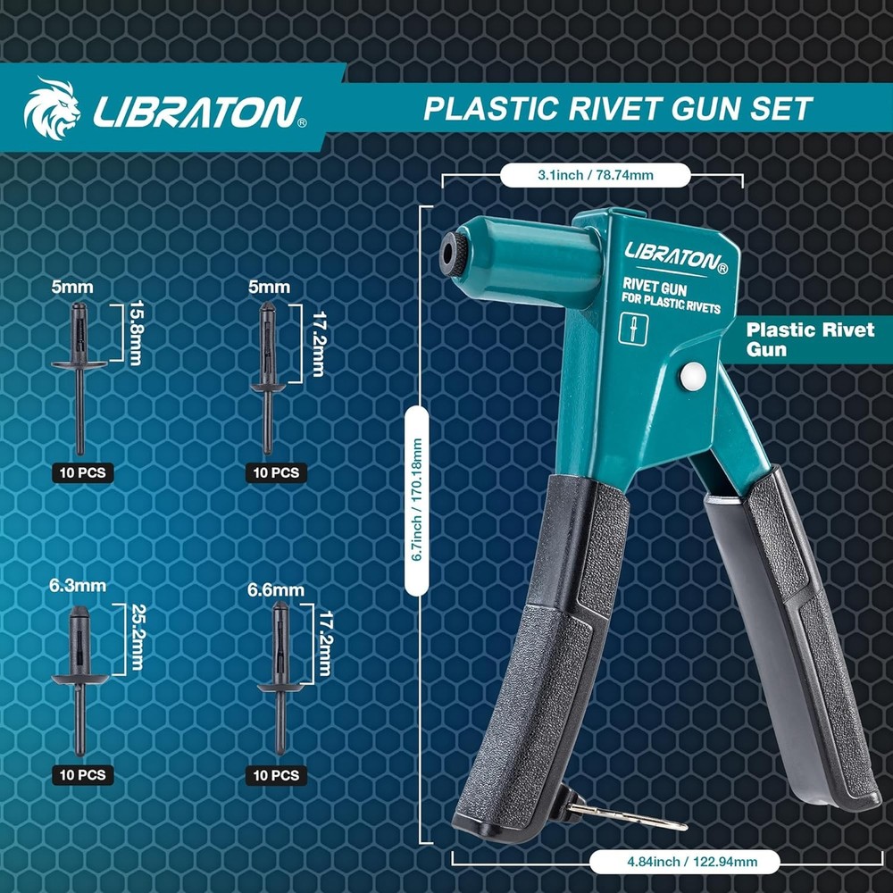 90 Degree Plastic Rivet Gun Kit with 40 Nylon Rivets Universal