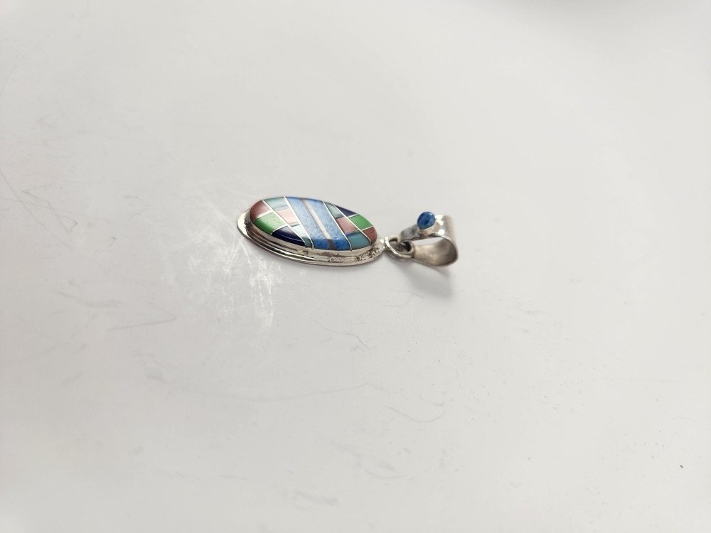 Native American Hand Crafted Multicolor Inlay Sterling Silver Pendant