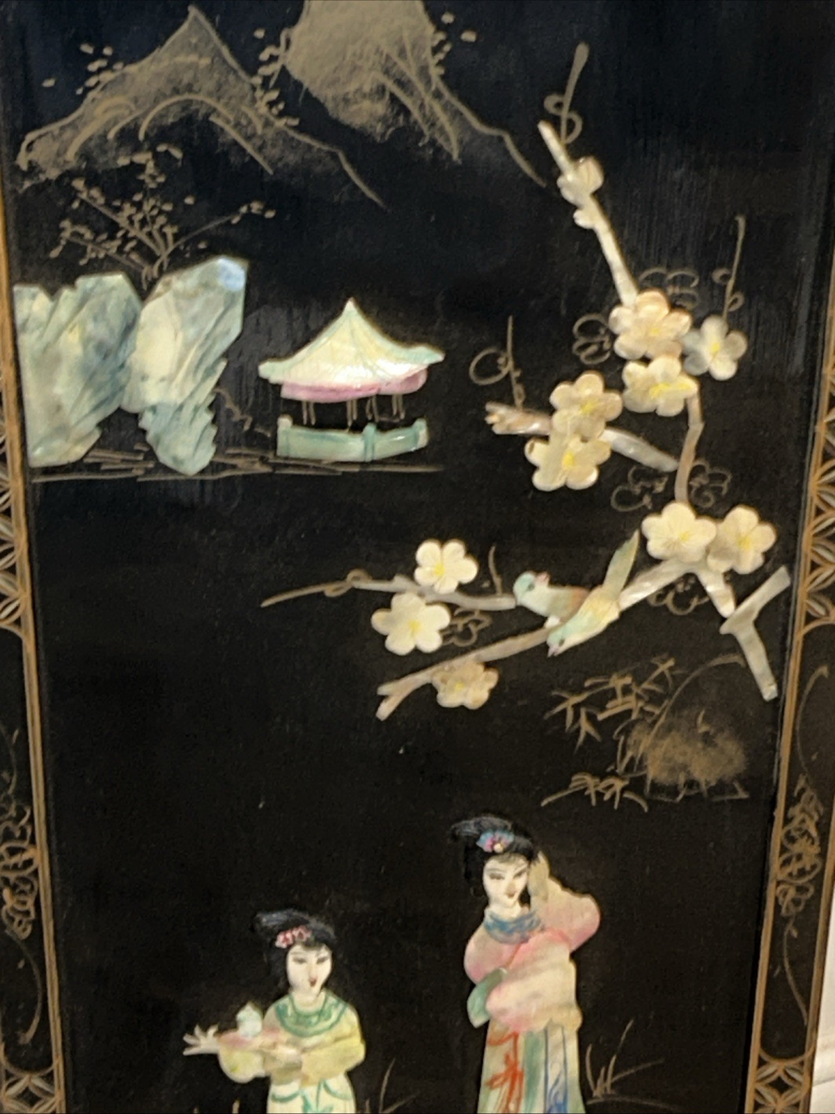 3 Vintage Laquered Asian With Mother of Pearl Panels 12”x 36”