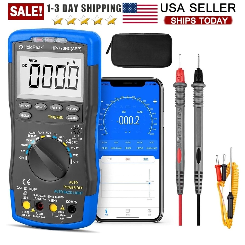 Bluetooth Multimeter NCV True RMS Temp 600A Voltmeter Ammeter AC DC Ohm Meter US