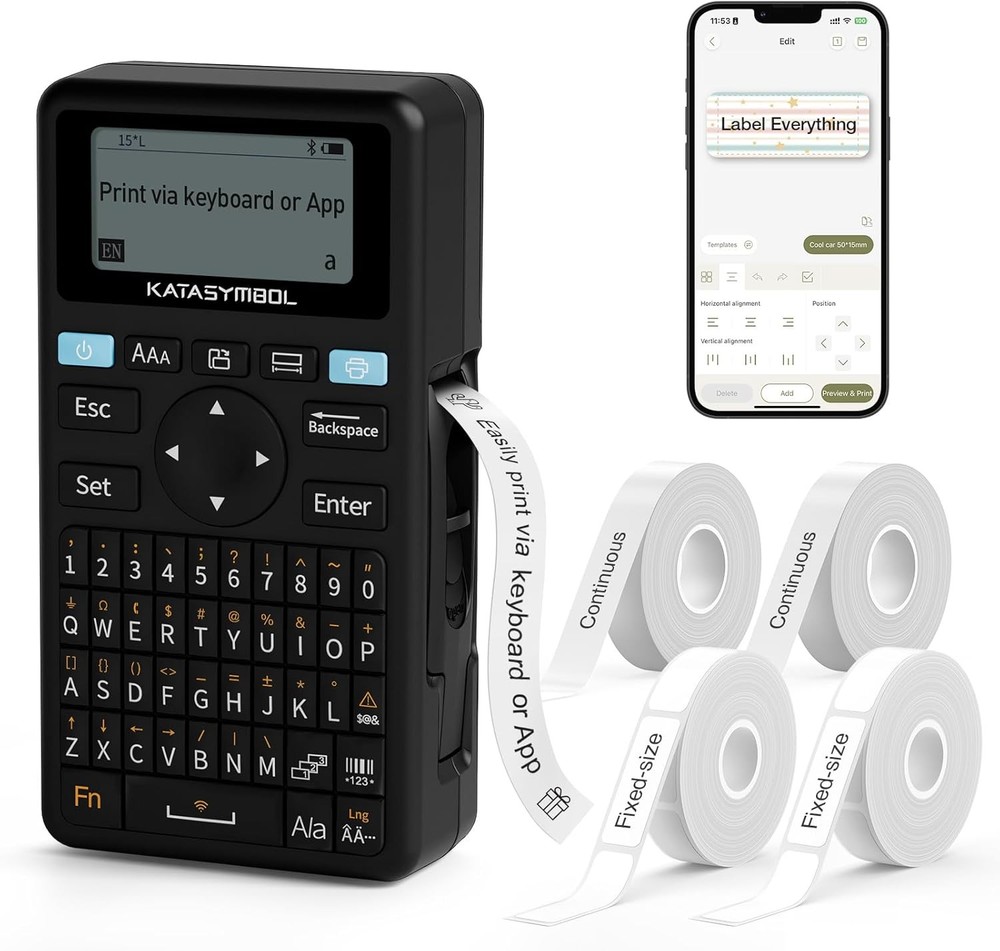 SUPVAN E11 Bluetooth Label Maker Machine with 4 Tapes, Support Keyboard & App wi