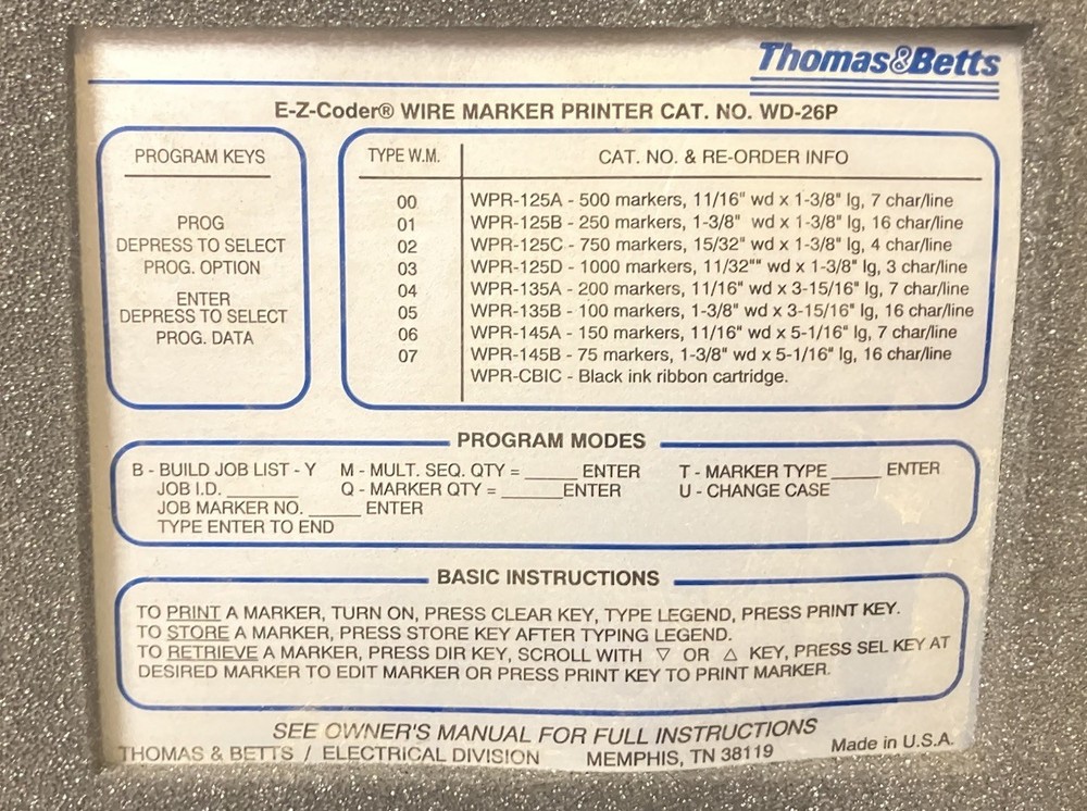 Thomas & Betts WD-20P E-z-coder Wire Marker Printer 120v-ac