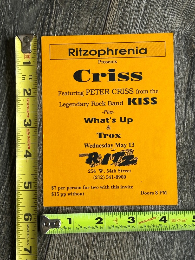 KISS Ad Handbill Promo Card Invitation PETER CRISS Ritz NYC 1992 Vintage Kiss