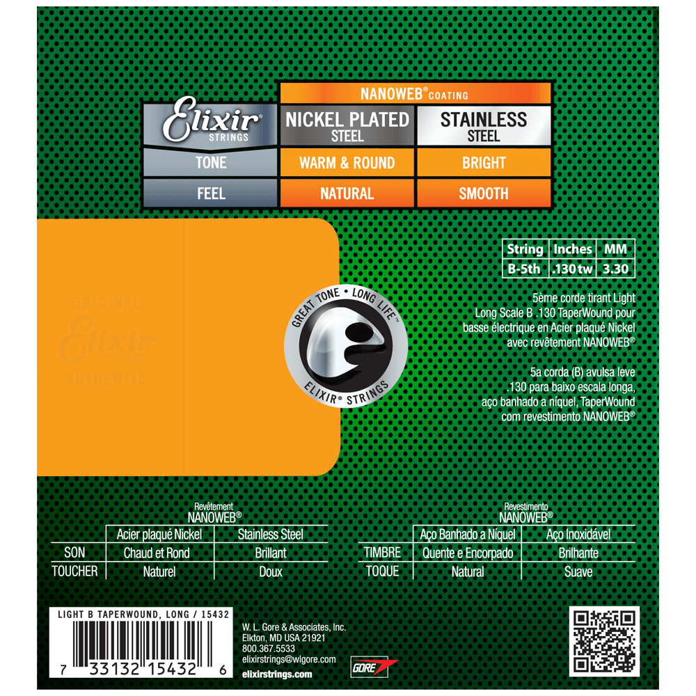Elixir NANOWEB Nickel 5th Bass String — 15432 Long Scale, Taperwound, Light .130