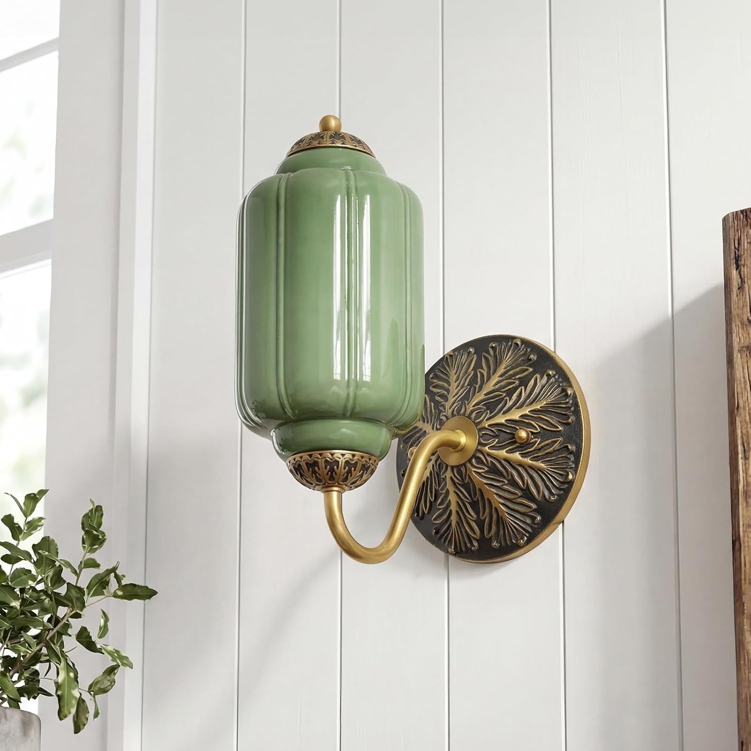 Heavy Brass Milk Green Glass Wall Sconce Indoor Wall