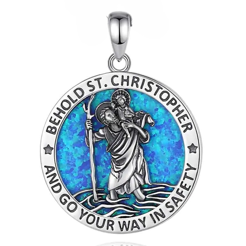 Sterling Silver and Australian Blue Opal St Christopher Necklace