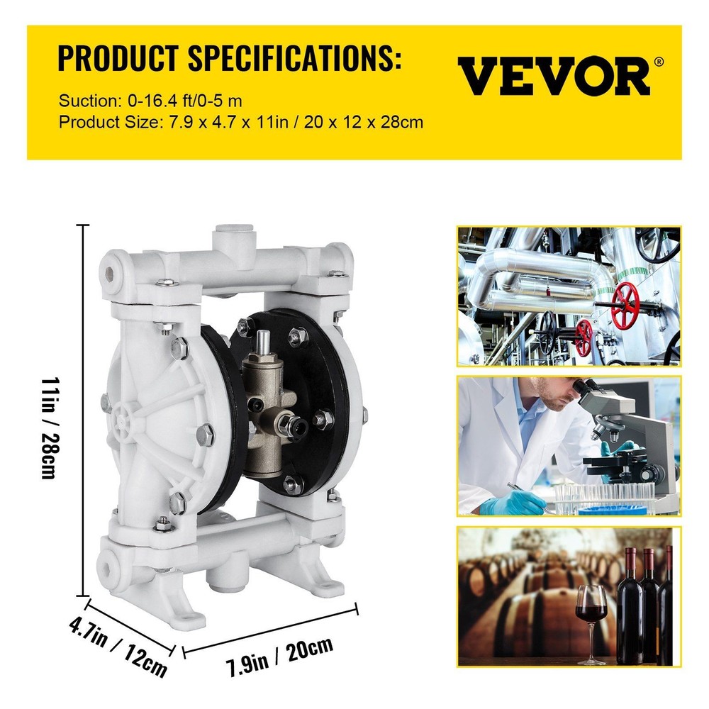 2.5GPM 80PSI Air-Driven Double Diaphragm Pump PP Construction PTFE