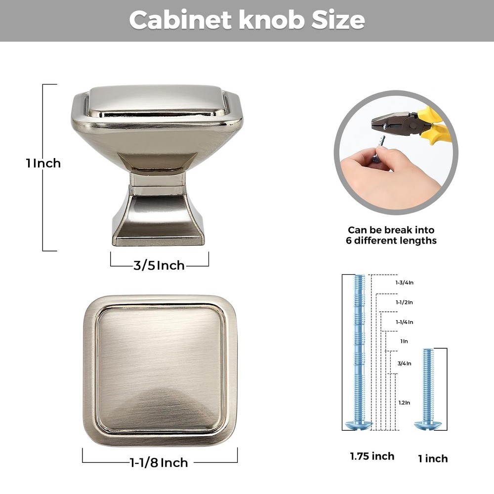 15 Pack Brushed Nickel Cabinet Knobs - 1.2" Square Drawer Knobs for Kitchen, ...