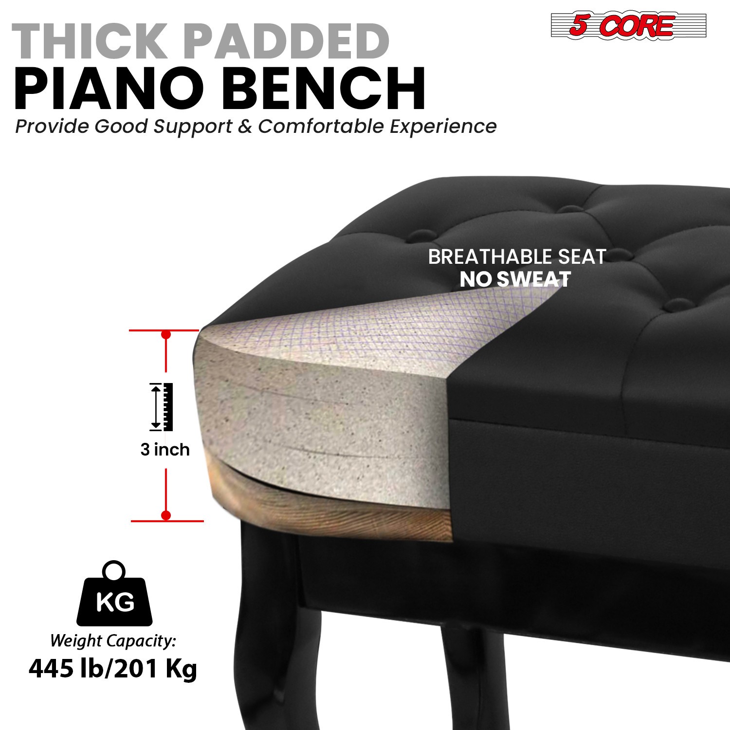 5 Core Piano Bench 3" Padded Cushioned Stool Wooden Heavy Duty Musician Chair