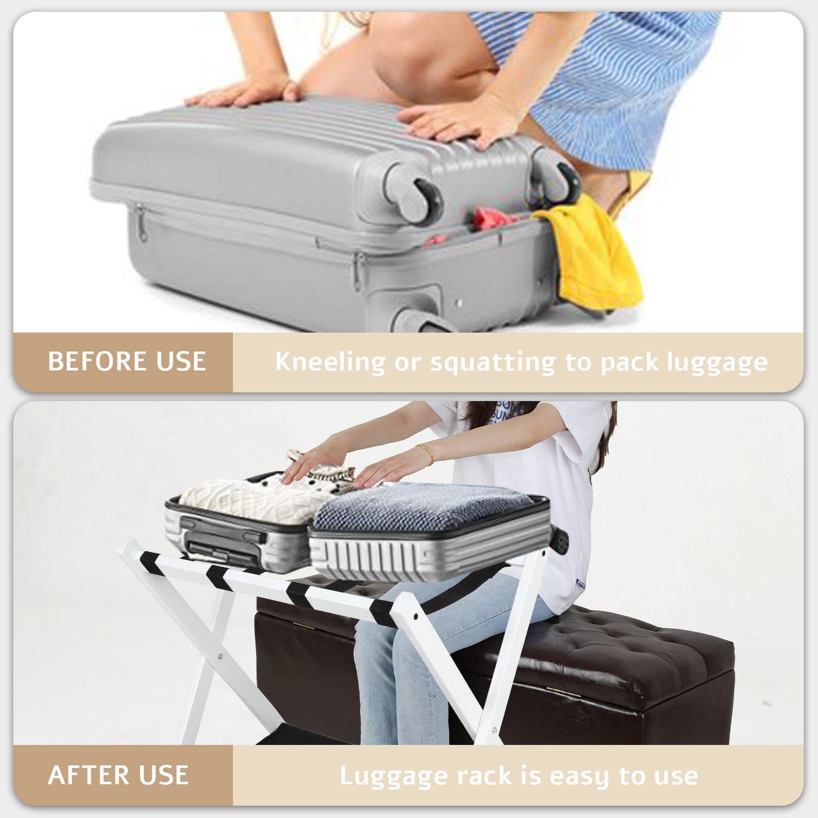 Set of 2 Folding Luggage Rack Soild Wood Stand Suitcase Holder w/ Shelf White