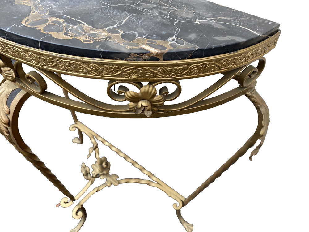 65634 Marble Top Decorator Iron Demilune Console Table Stand