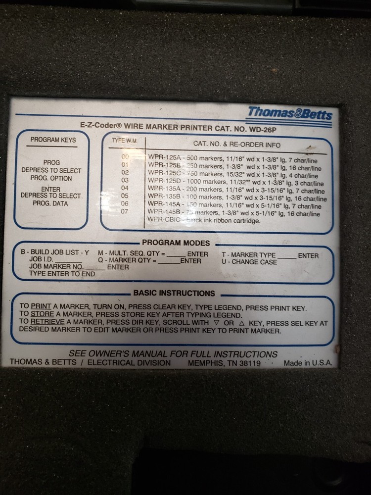 THOMAS BETTS WD-26P E-Z-CODER WIRE MARKER PRINTER