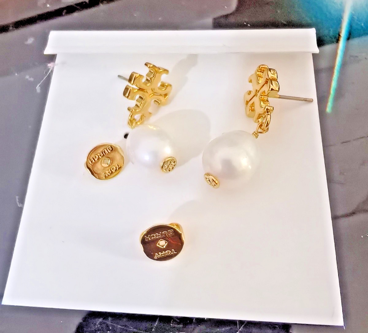 Authentic Tory Burch TB logo white Ellipse pearl earrings