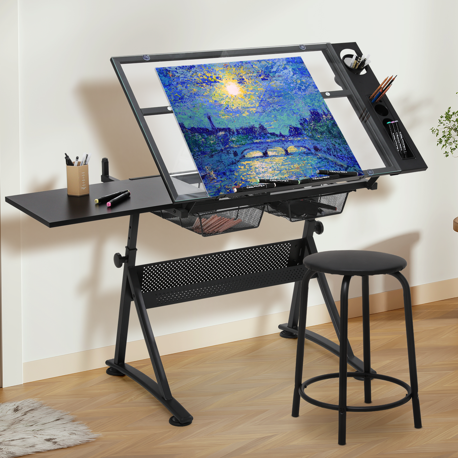 53" Drafting Table Adjustable Tempered Glass Craft Drawing Work Station w/Stool