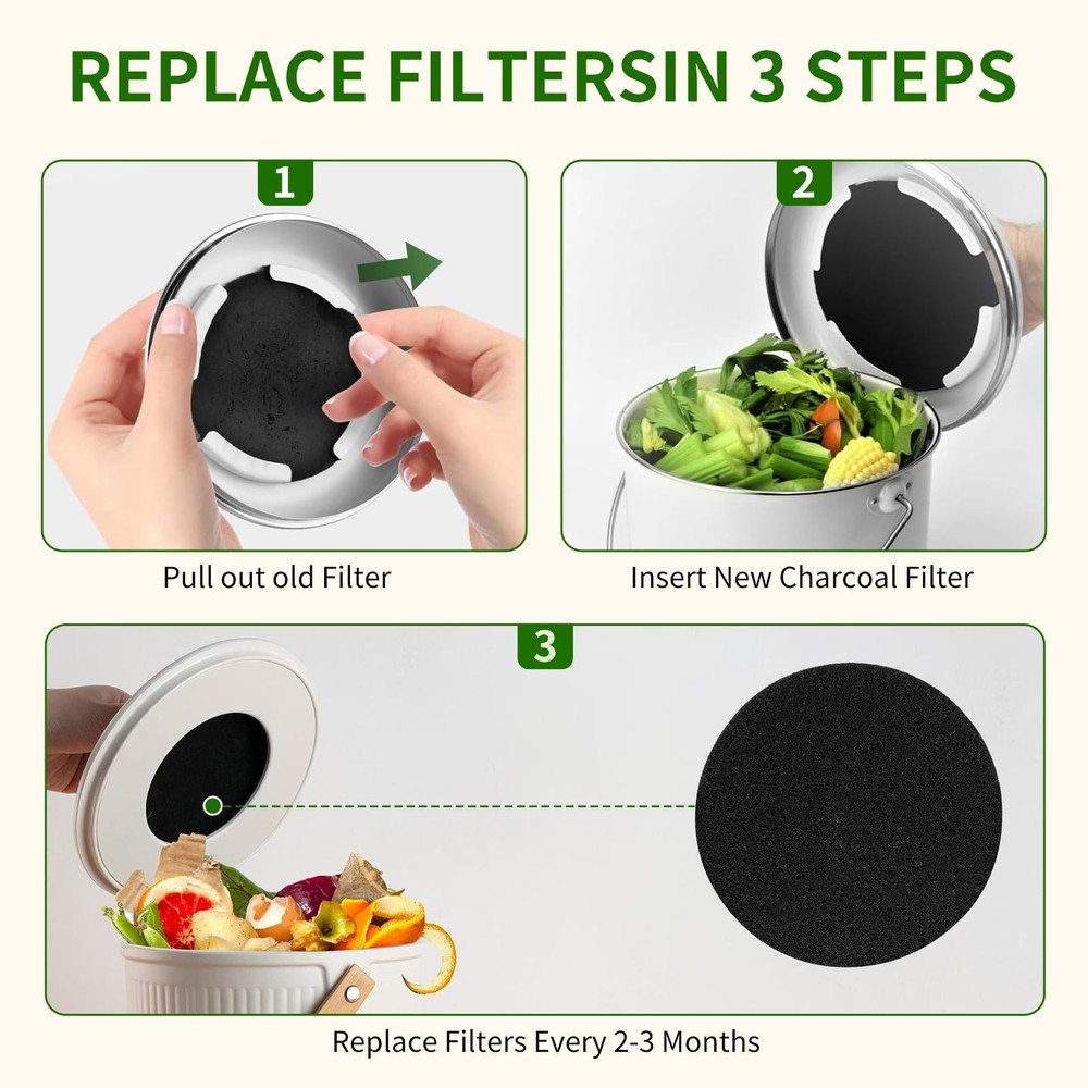 6.7 inch Kitchen Compost Bin Charcoal Filter Replacements, 12 Pack Compost Pa...