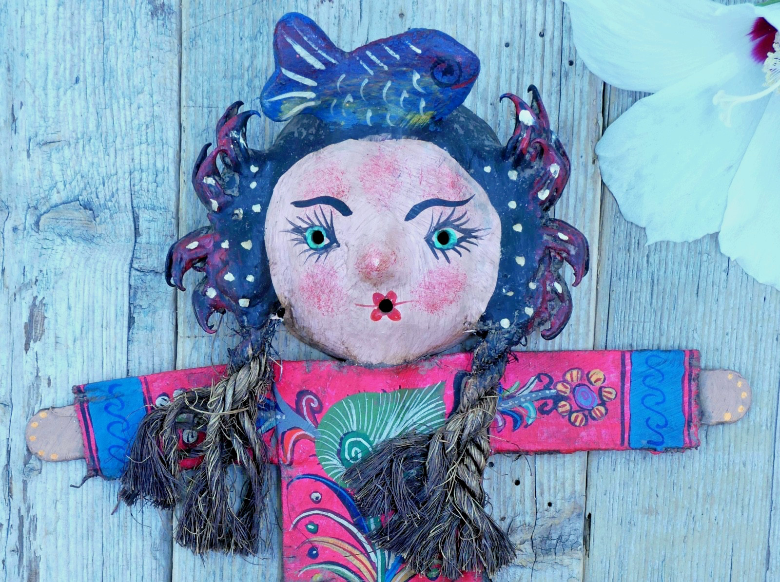 Girl Fish Hat Hand Painted Bird & Deer Handmade Canvas & Coconut Mexico Folk Art