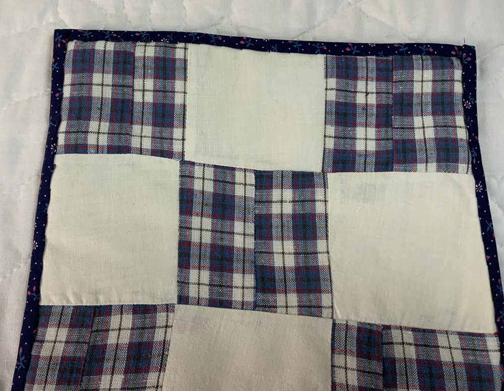 Vintage Patchwork Quilt Table Topper, Nine Patch, Checks, Red, Navy Blue & White