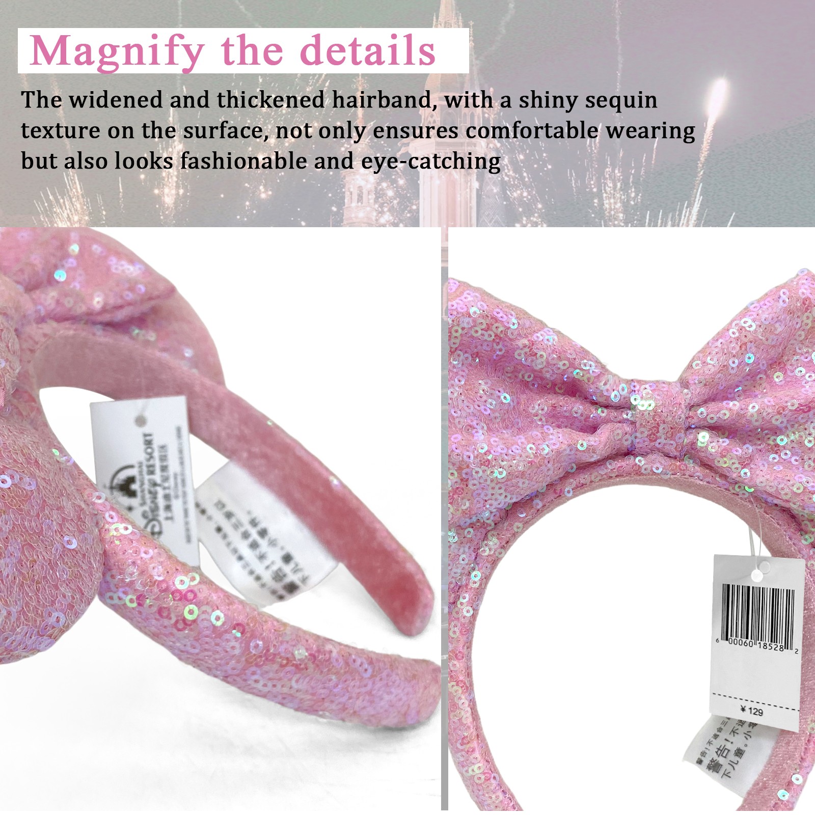 Disney- Parks Pink Sequin Aurora Minnie Mickey Mouse Ear Bow Disneyland Headband
