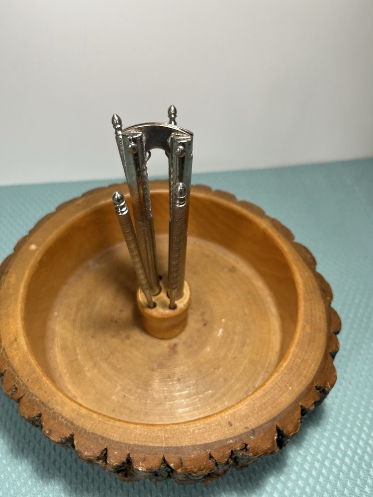 Vntg Live Edge Nut Bowl With Cracker & 4 Picks 1950's ?